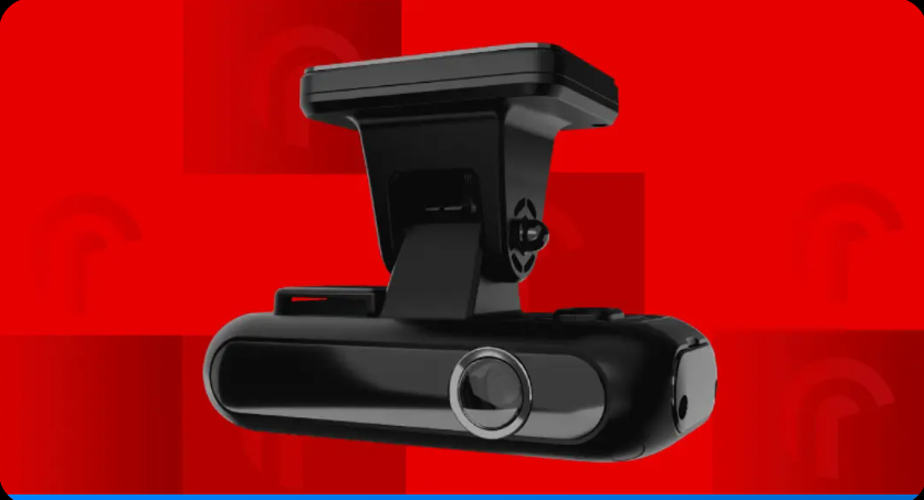 Black dash cam on red background.
