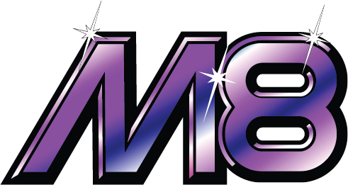M8 logo in gradient purple with white sparkles.