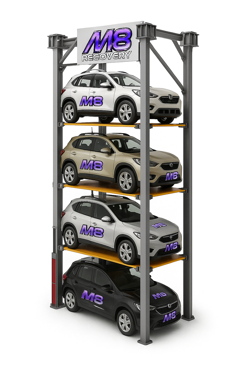 Vertical parking system with four cars stacked on platforms. 