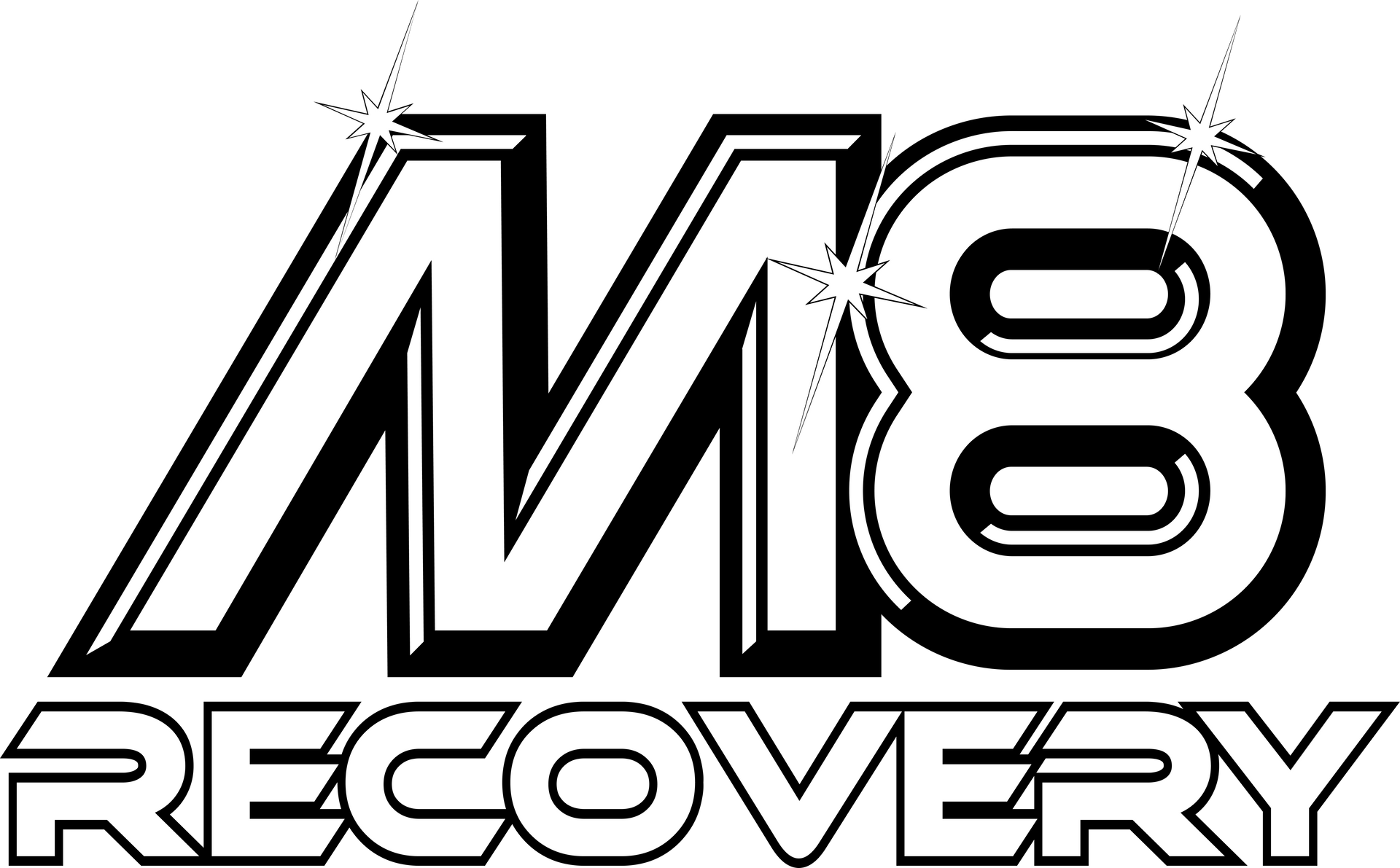 Logo for M8 Recovery, black and white, stylized text with sparkles.