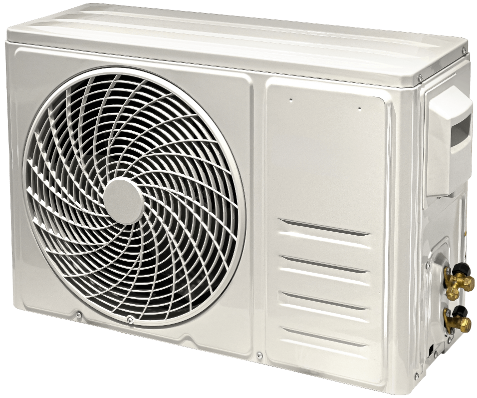 White wall-mounted air conditioner outdoor unit with large fan and brass connectors
