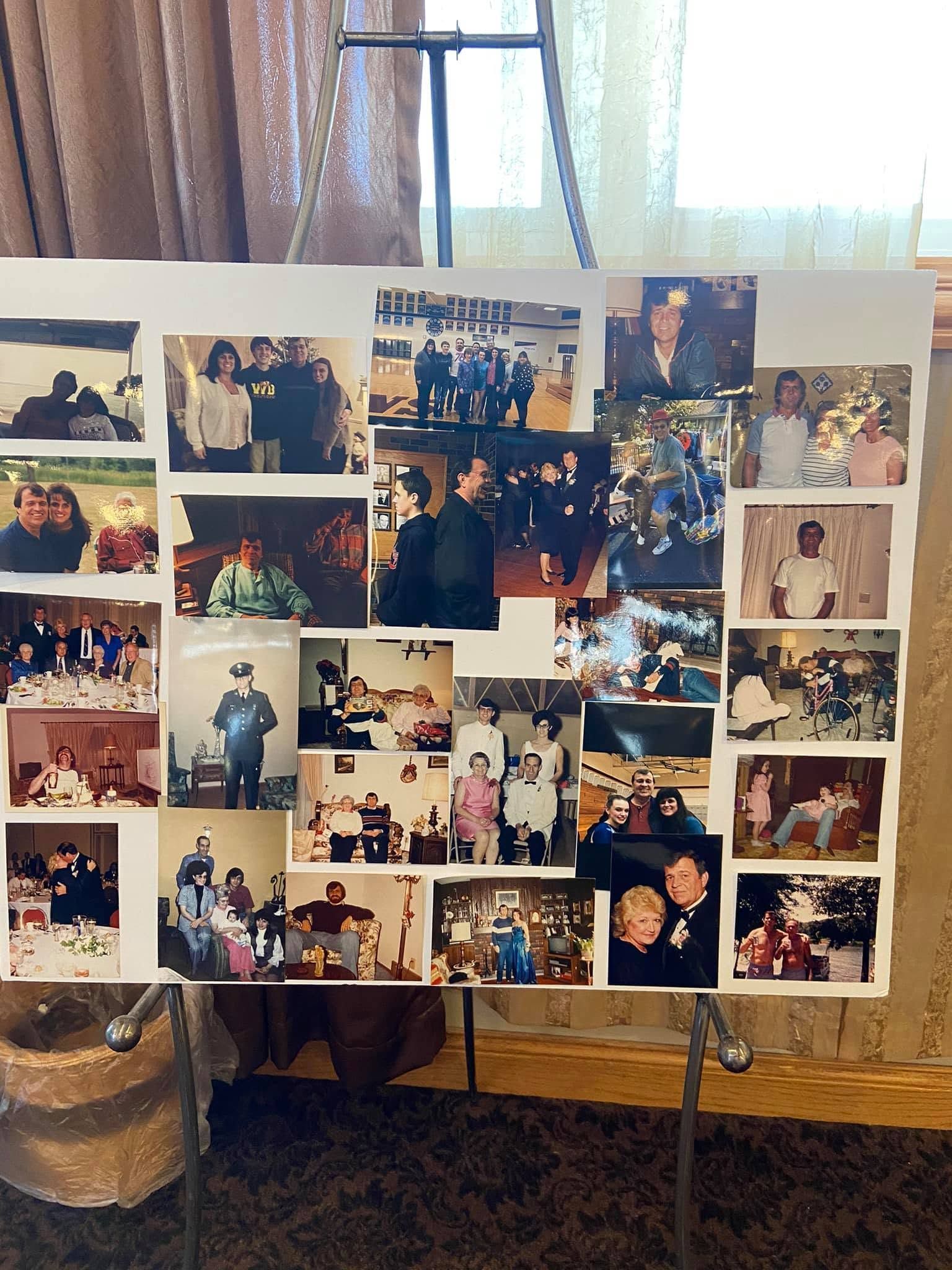 Photo collage on an easel showing many small snapshots from a celebration or event in a room.