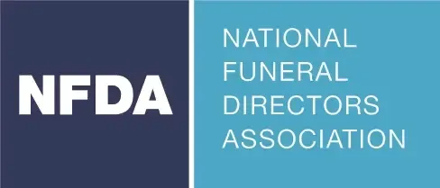 NFDA logo with white letters on dark blue and teal blocks, reading National Funeral Directors Association