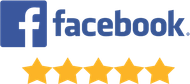 Facebook logo with five gold stars underneath, indicating a five-star rating