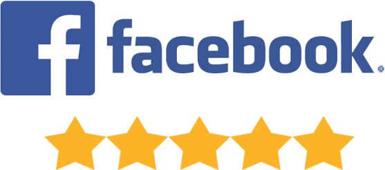 Facebook logo with five gold stars underneath, indicating a five-star rating