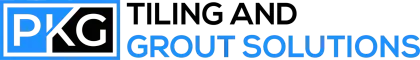 PKG Tiling and Grout Solutions logo with blue and white text and a tiled icon