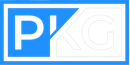 Blue and white PKG logo with stylized letters in a rectangular frame