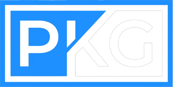 Blue and white PKG logo with stylized letters in a rectangular frame