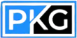 Blue and black PKG logo with white letters in a rectangular frame