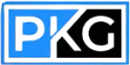 Blue and black PKG logo with white letters in a rectangular frame