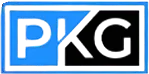 Blue and black PKG logo with white letters in a rectangular frame