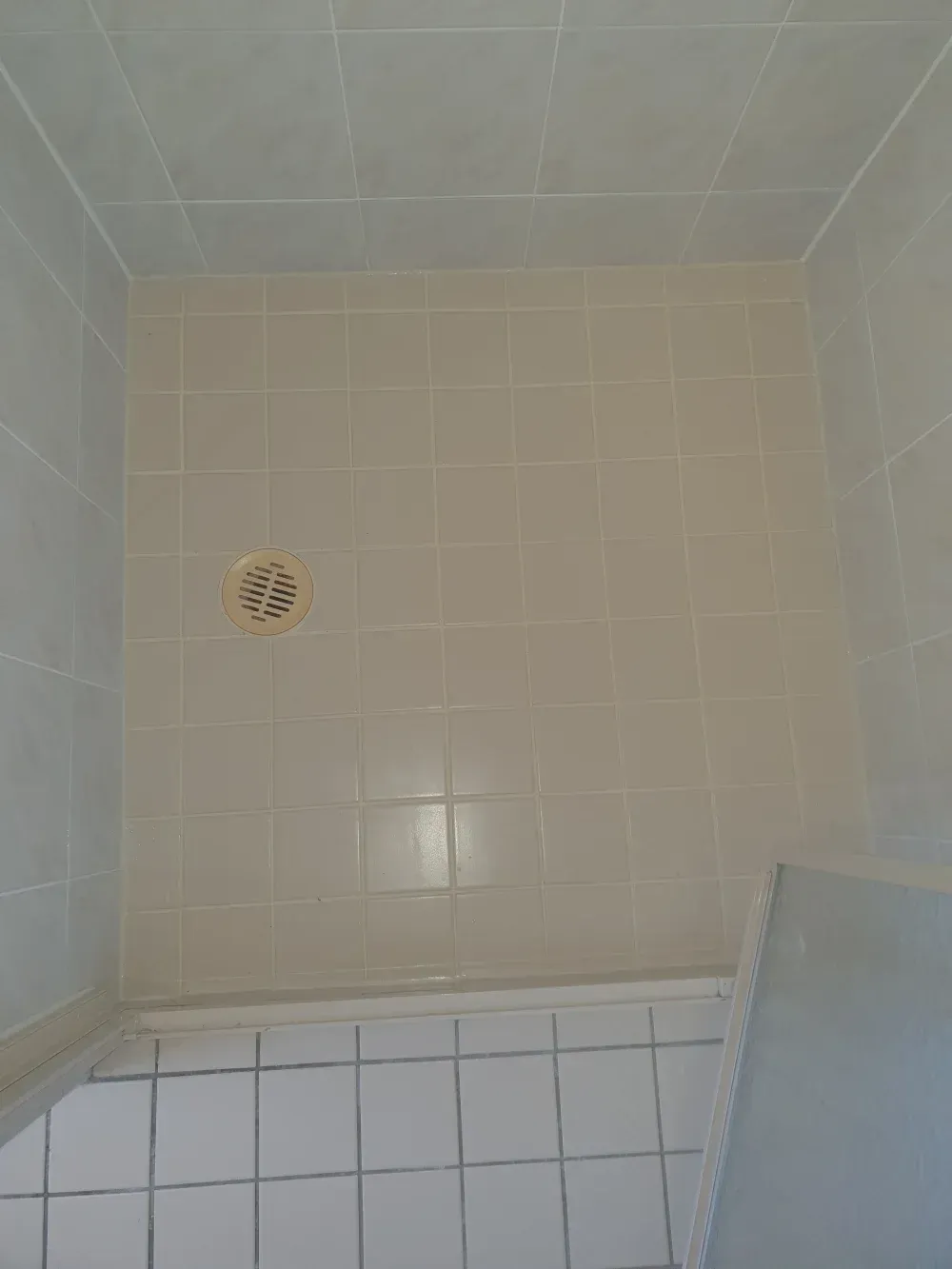Empty tiled shower stall with beige walls, white floor tiles, and a drain on the left side.