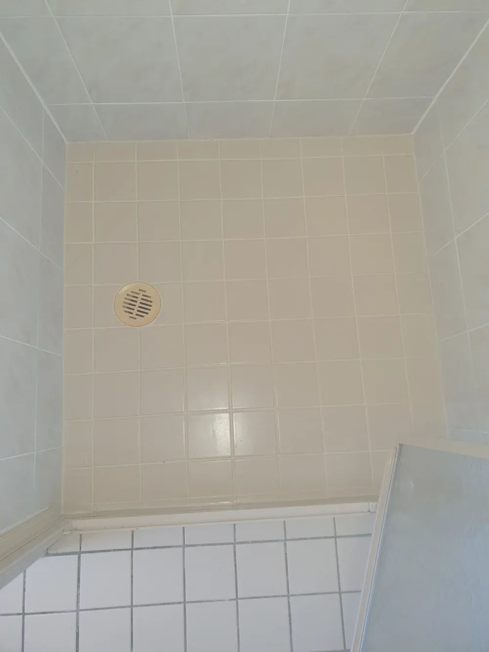 Empty tiled shower stall with beige walls, white floor tiles, and a drain on the left side.