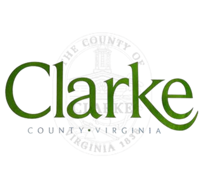 Clarke County, Virginia logo in green text with a faint circular county seal behind it