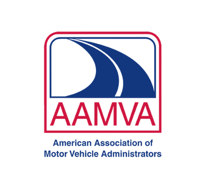 AAMVA logo with blue and red emblem and text, American Association of Motor Vehicle Administrators