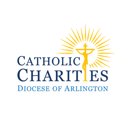 Catholic Charities Diocese of Arlington logo with a gold sunburst and cross over blue text