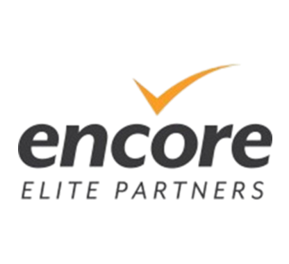 Encore Elite Partners logo with orange checkmark and black text on white background