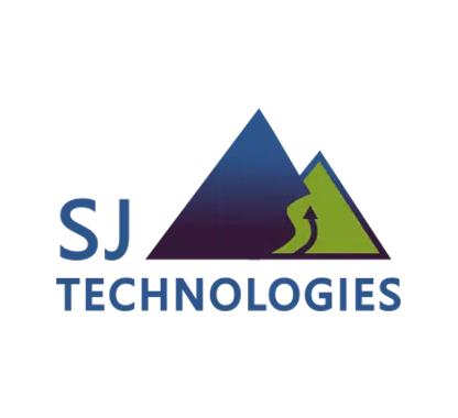 SJ Technologies logo with blue and green mountain graphic and a climber silhouette
