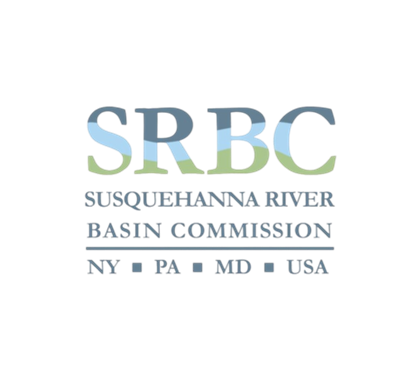 SRBC logo with blue and green letters and Susquehanna River Basin Commission text above NY, PA, MD, USA