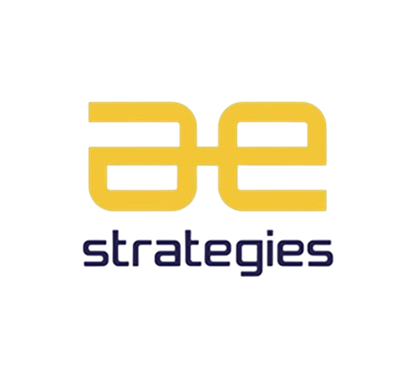 Yellow and navy “ae strategies” logo on a white background