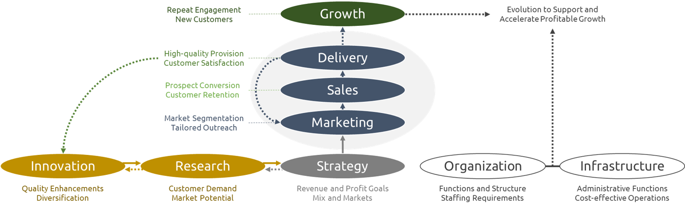 A diagram showing how Snowflake LLC uses strategy, growth, and delivery to increase revenue and profitability. 