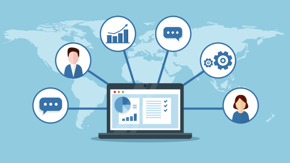 A graphic of a computer opened to a data analysis page with callouts for different marketing touchpoints.
