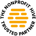 Logo reading “The Nonprofit Hive Trusted Partner” with orange horizontal bars in a circle.
