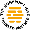 Logo reading “The Nonprofit Hive Trusted Partner” with orange horizontal bars in a circle.