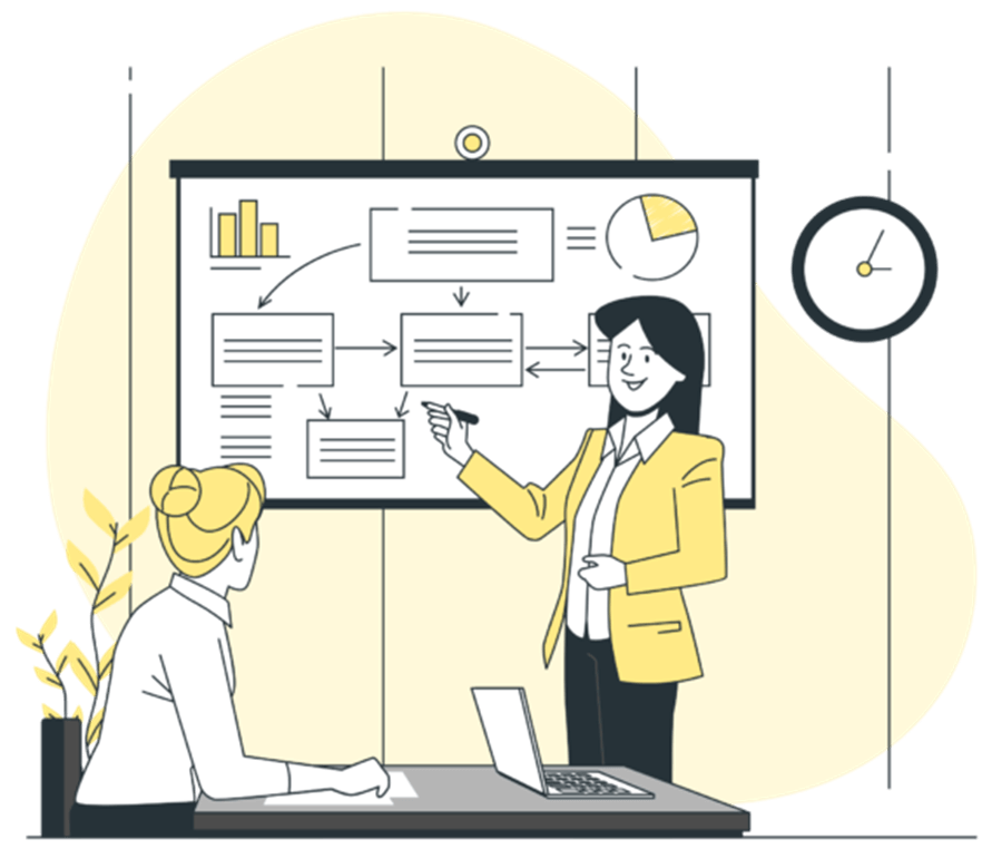 A drawing showing a woman presenting her analysis and report to a colleague
