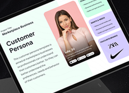 Tablet showing a customer persona dashboard on a dark stand, with profile card, notes, and analytics panel