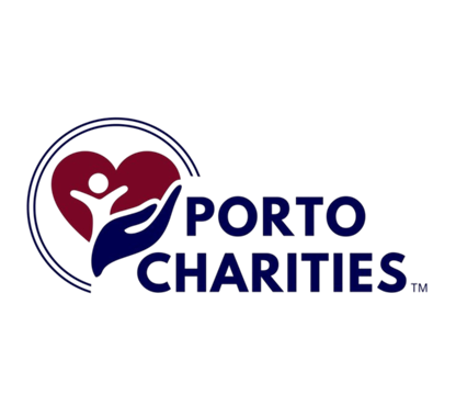 Porto Charities logo with blue and maroon heart and figures