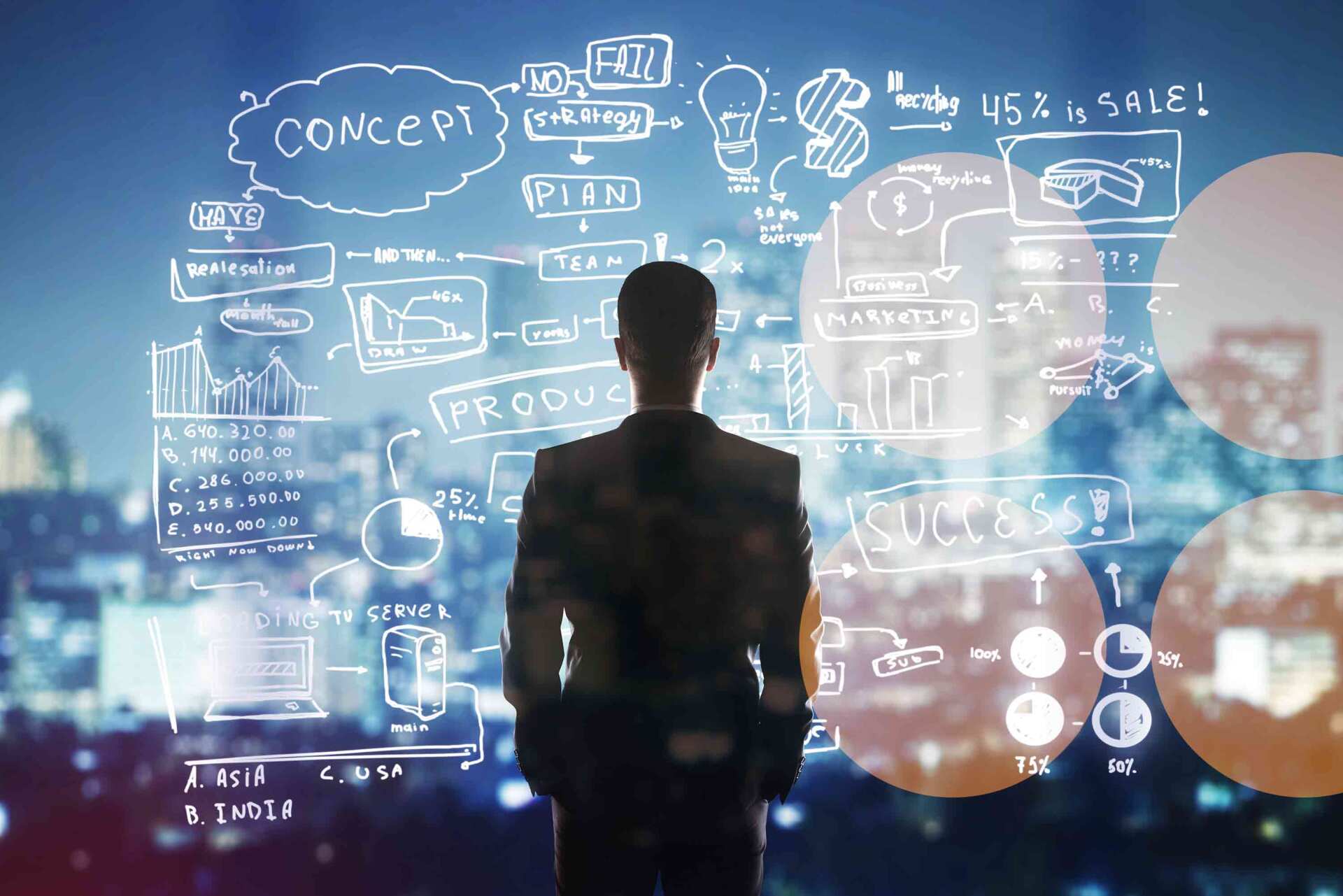 Silhouette of a person facing glowing digital icons and charts in a futuristic cityscape