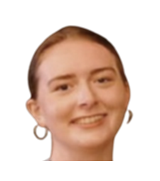 Smiling person with pulled-back hair wearing hoop earrings against a plain white background