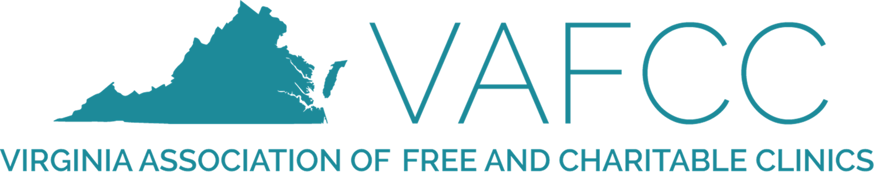 Virginia Association of Free and Charitable Clinics logo in teal and gray with stylized state icon