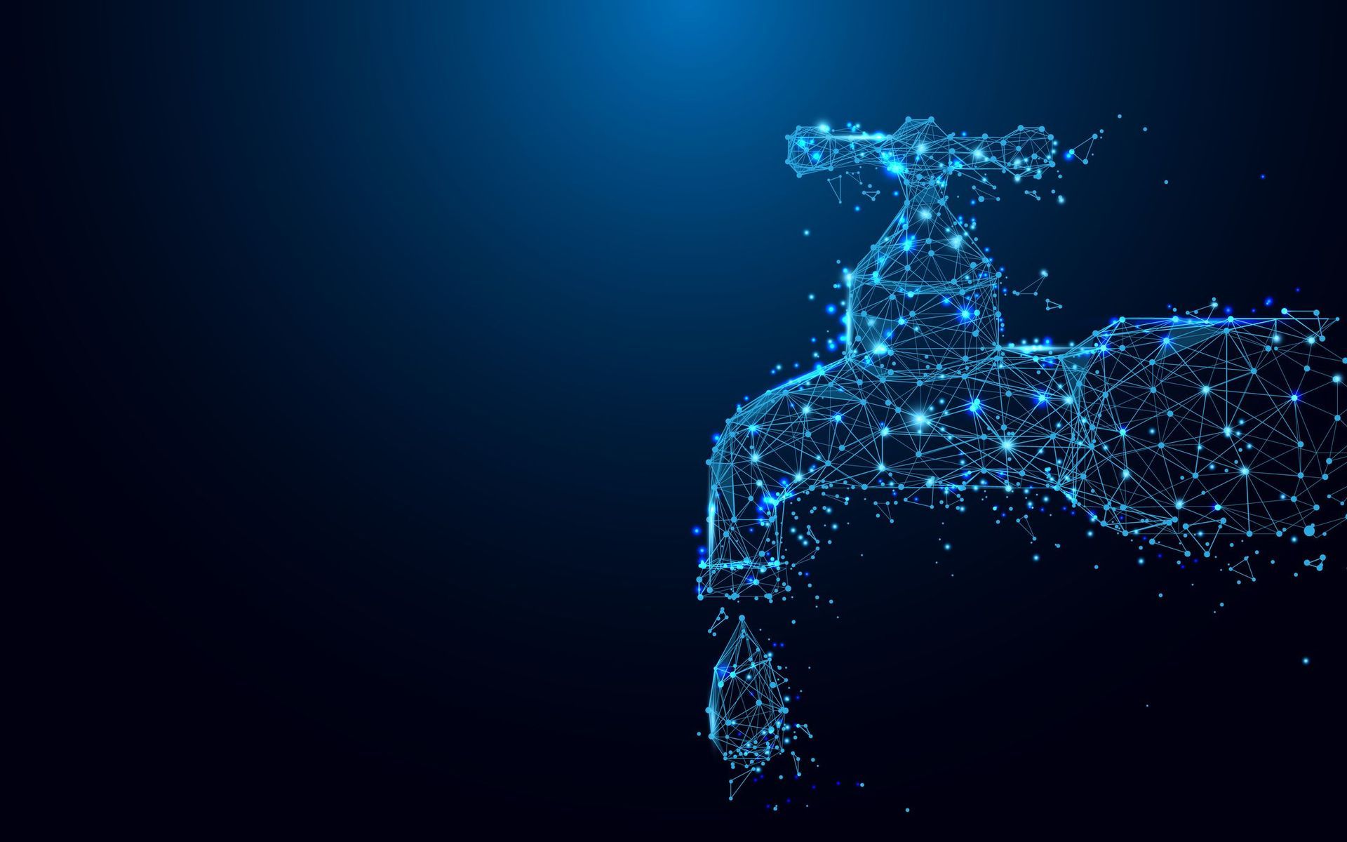 Glowing blue digital water faucet made of particles on a dark background