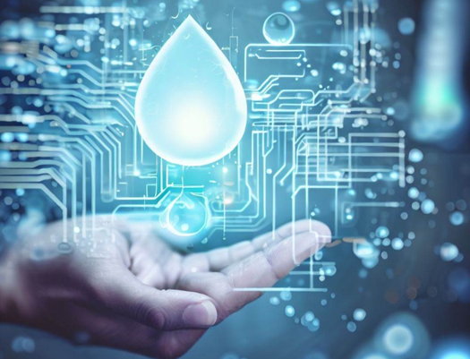 Hand holding a glowing water droplet icon over digital circuit graphics