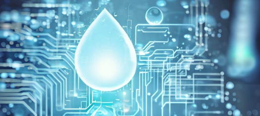 Glowing water droplet over a blue digital circuit background