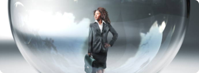 Woman in a black jacket standing in a reflective glass sphere with a cloudy sky backdrop