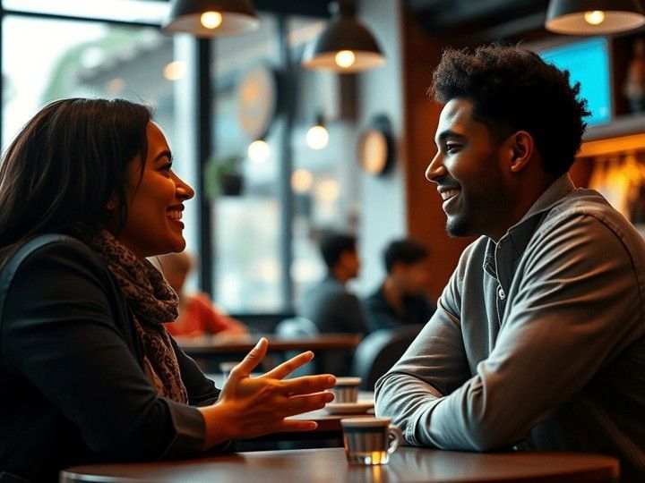conversation between two people at a table