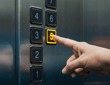 Finger pressing illuminated 5 button on an elevator panel