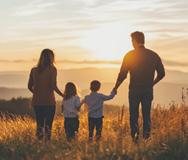 Family holding hands, walking into a sunset over a field.