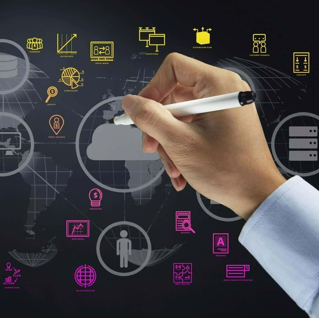 A man circles a cloud on a dynamic board showcasing aspects of cloud software 