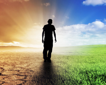A man is standing on a dirt road next to a grassy field. One side is grayscale, the other is full color.