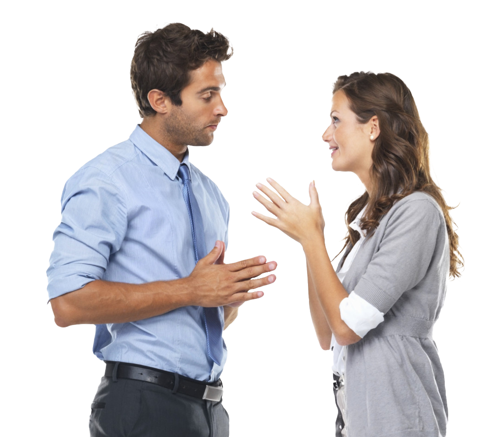 A man and a woman in formal clothing have a debate 