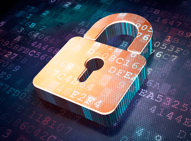 Orange padlock on a glowing digital background with floating numbers, symbolizing cybersecurity