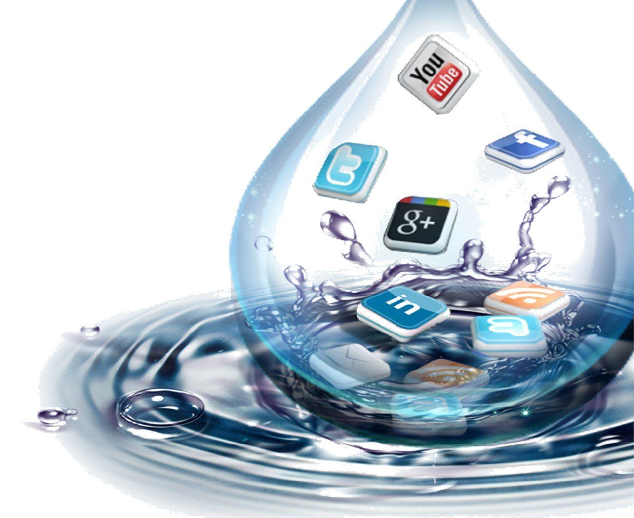 Water droplet with social media icons splashing into water, symbolizing online networking.