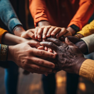 Hands with colorful paint gathered in a circle over a wooden floor