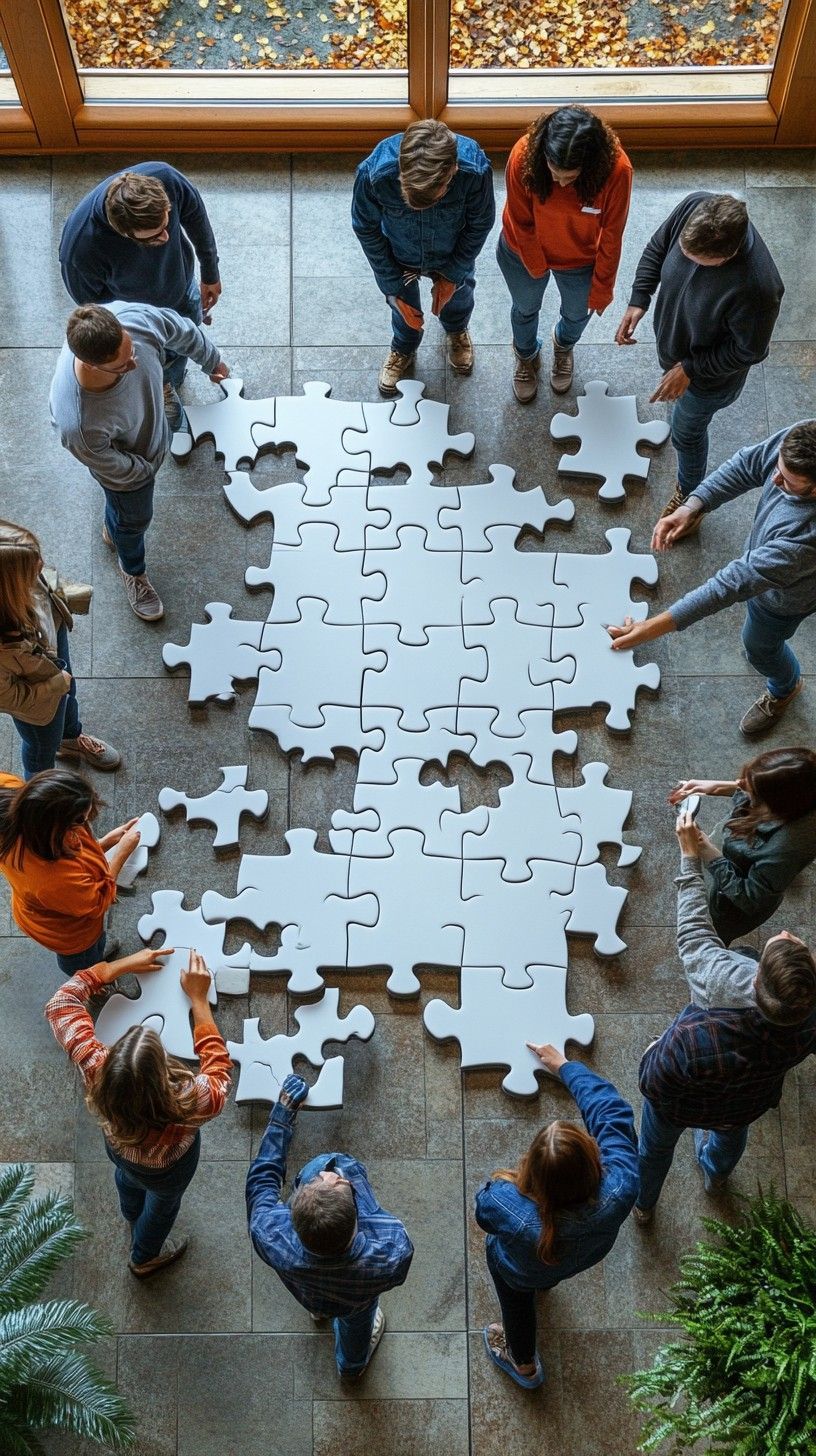 People assembling a large jigsaw puzzle on a stone floor. High-angle shot, natural lighting.