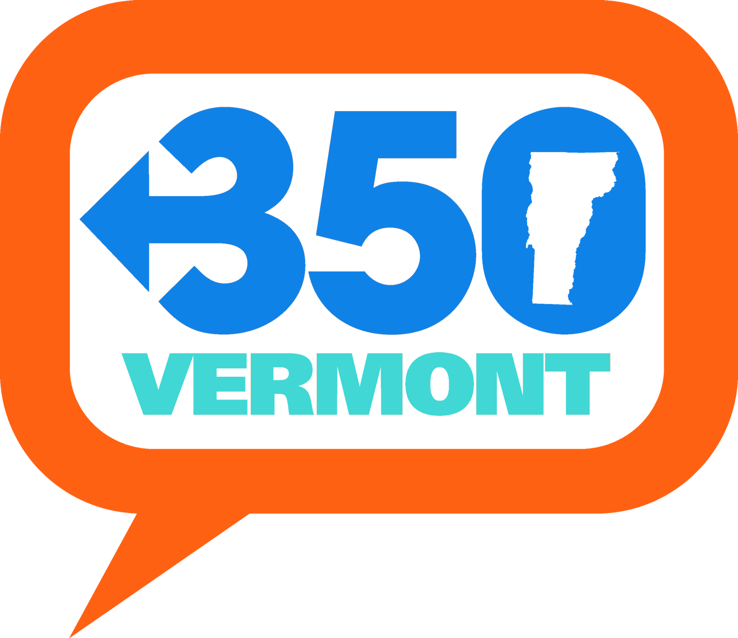 A logo for 350 vermont in an orange speech bubble