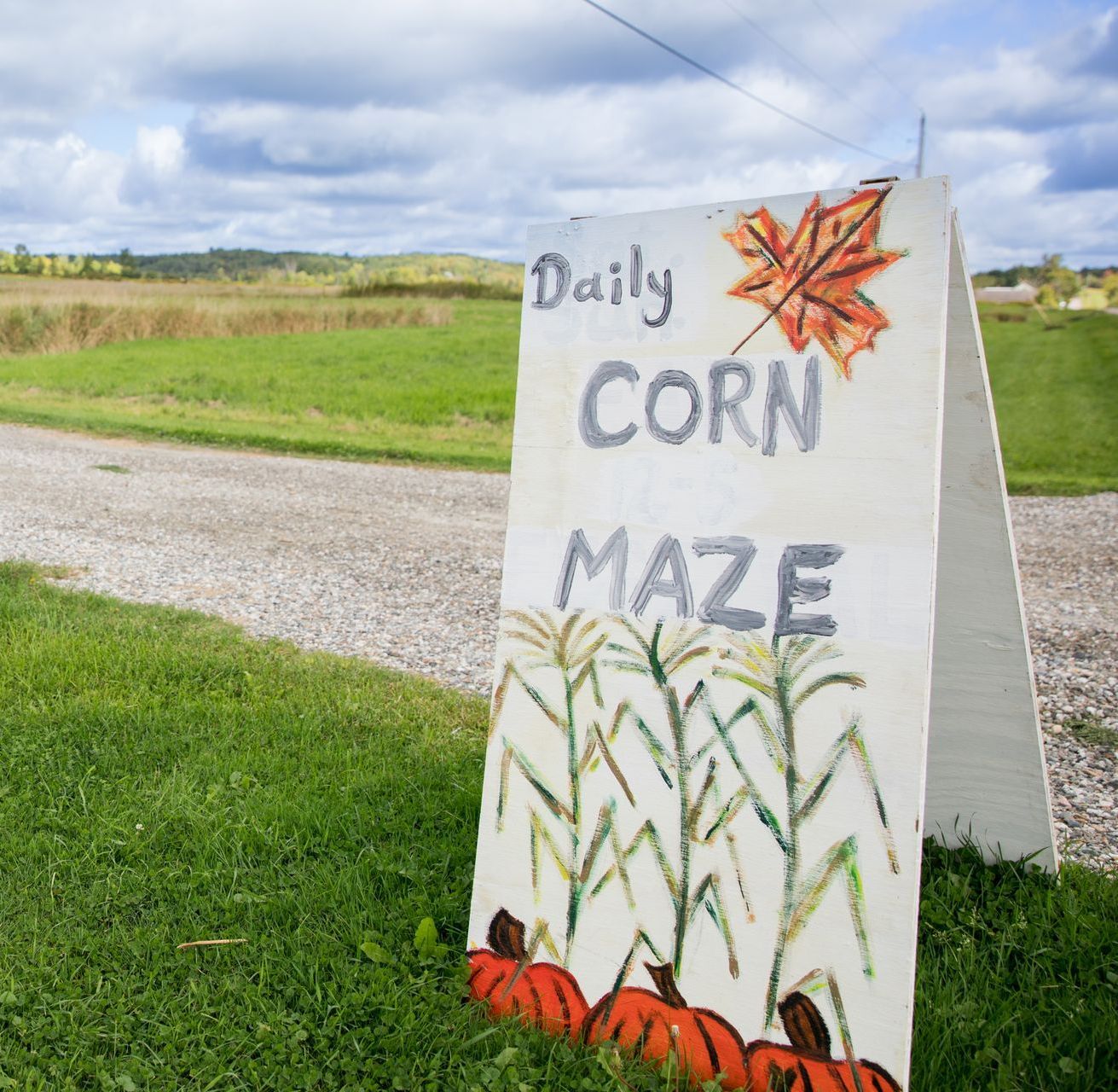Hand-painted sign at Isham Family Farm advertising daily corn maze hours in fall.